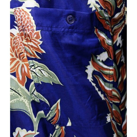 VTG 80s Hilo Hattie Men's Blue Shirt Size L Hawaiian Flowers Pocket 100% Silk - Picture 3 of 10